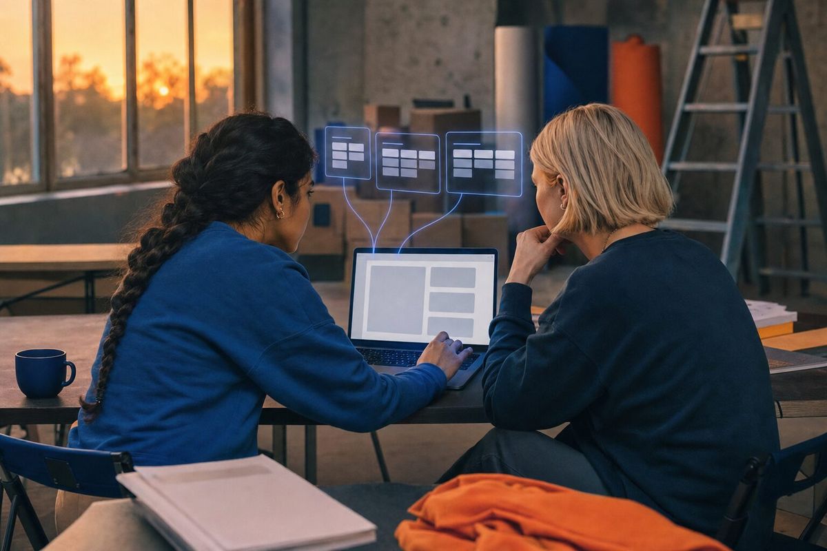 Illustrative photo: the Website Builder at work for the co-founders of the new studio, laying out results as blue panels above a laptop.