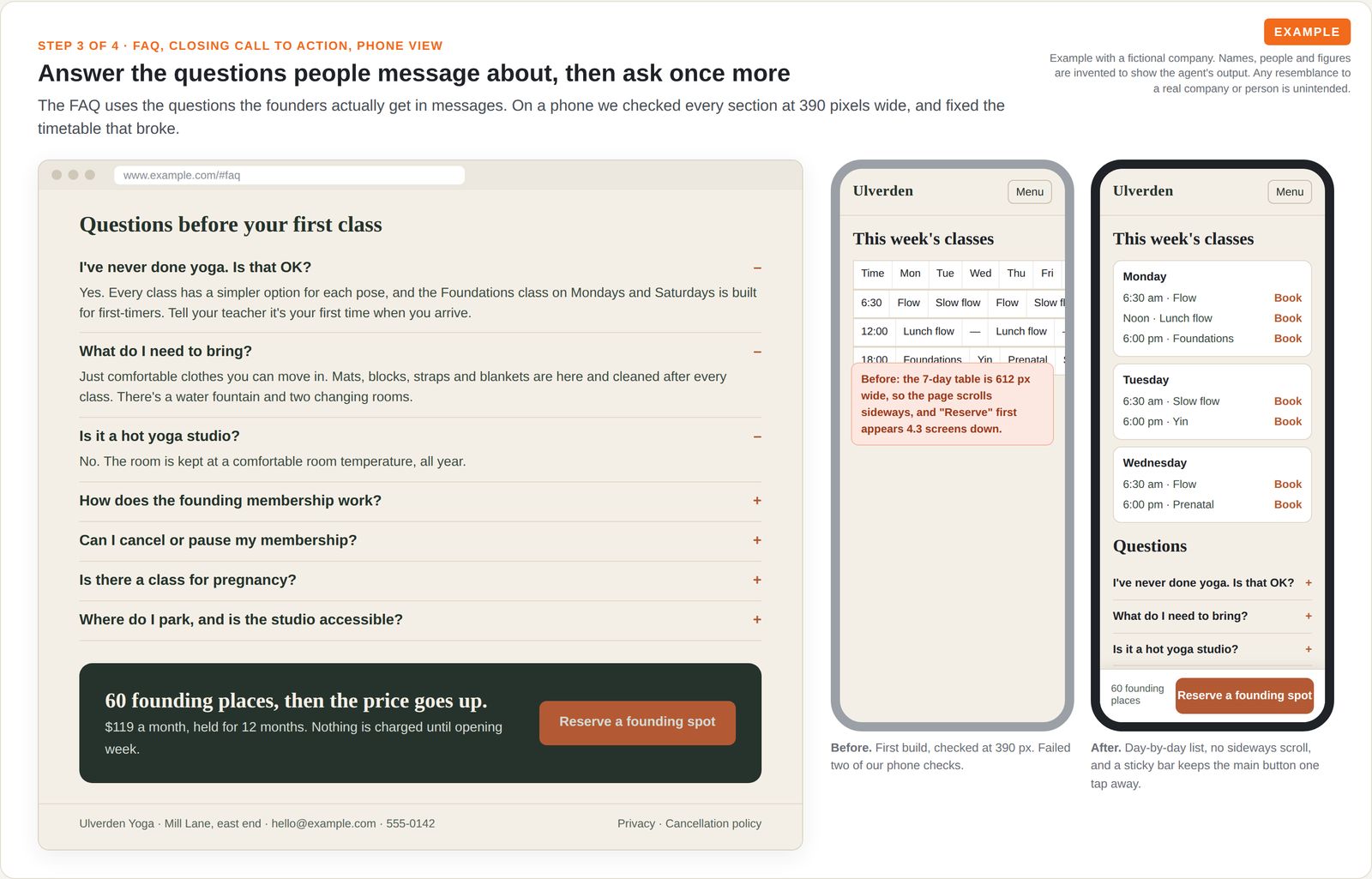Example FAQ and closing call to action on a laptop, beside two phone views: a timetable table that scrolls sideways, and the fixed day-by-day list with a sticky booking bar.