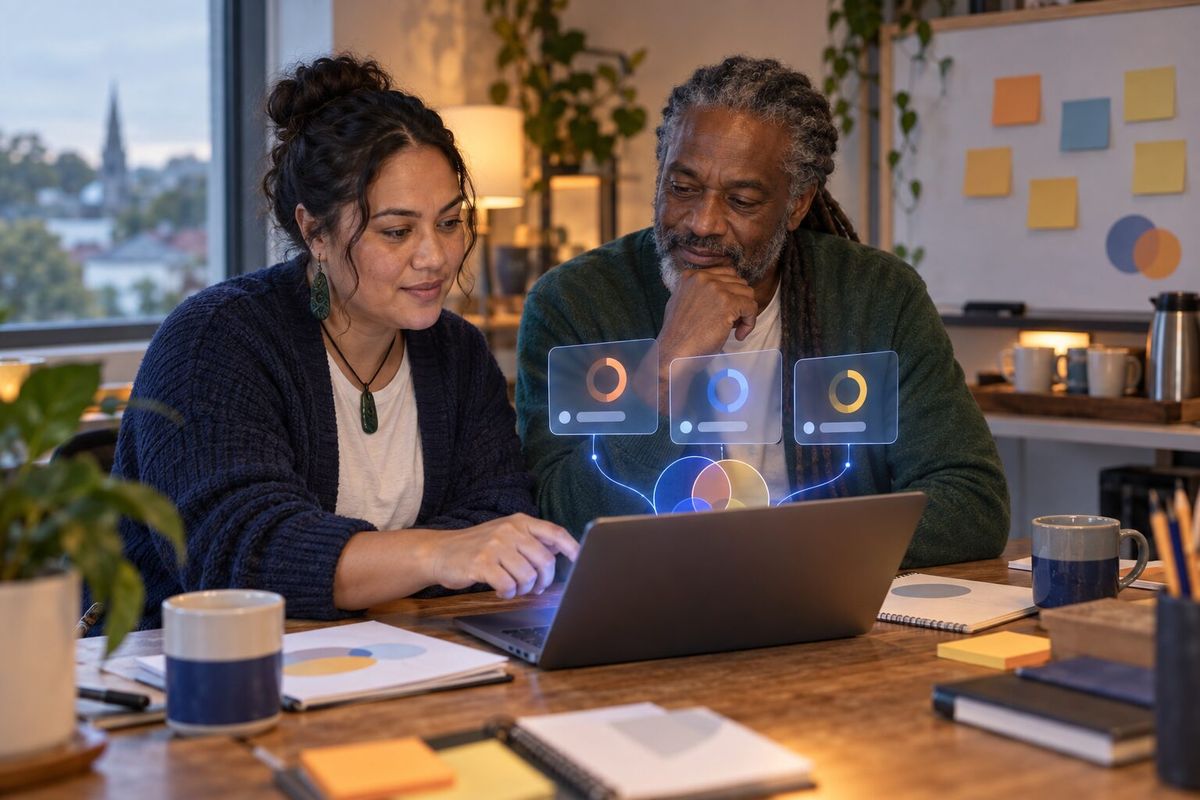 Illustrative photo: the Work Patterns Coach at work for the coordinator and the director of a community food-bank charity, laying out results as blue panels above a laptop.