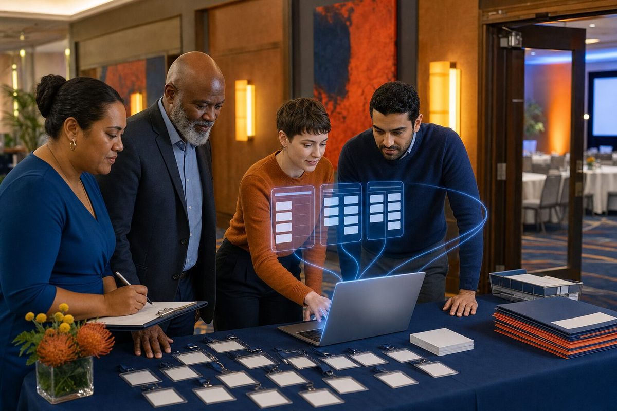 Illustrative photo: the Workshop Manager at work for the trainer and her helpers getting ready for workshop day, laying out results as blue panels above a laptop.