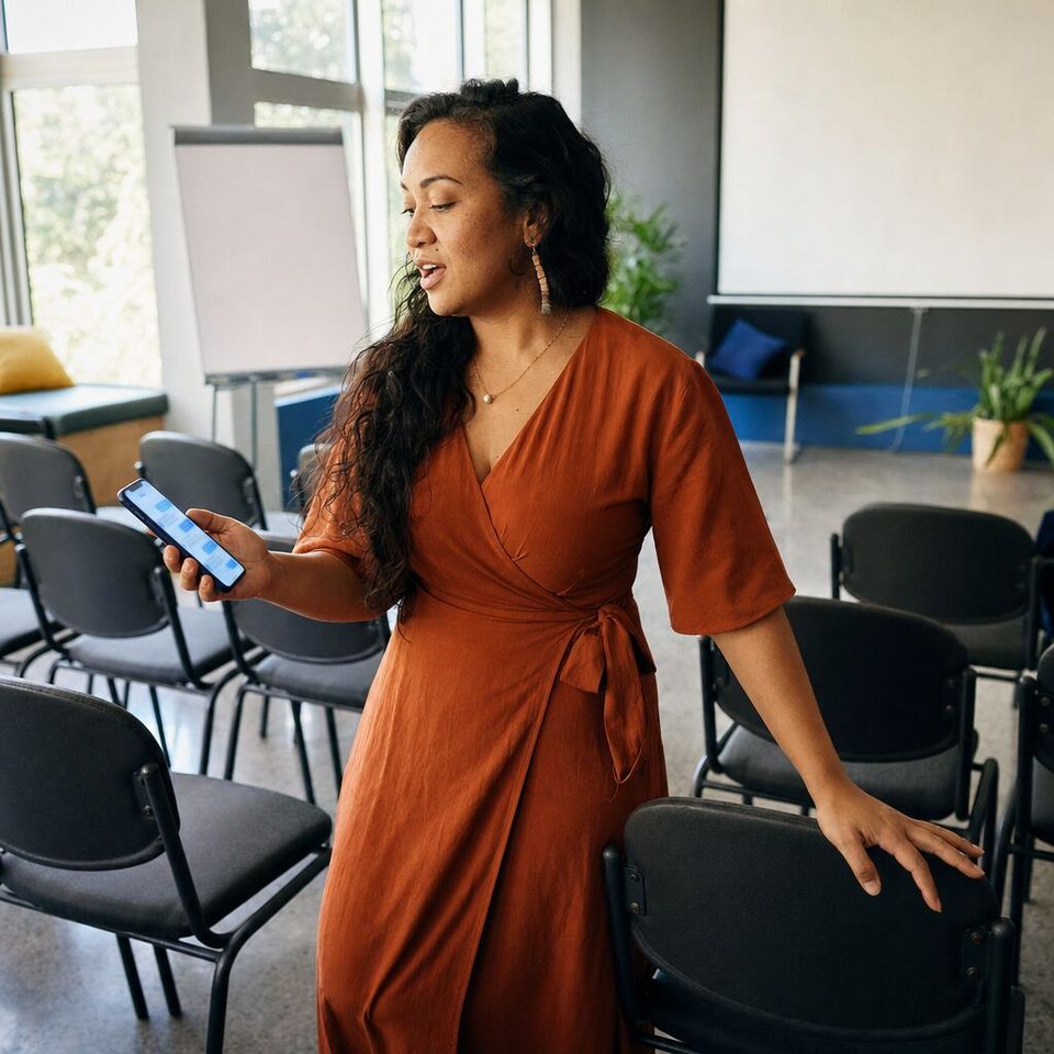 Illustrative photo: an independent leadership trainer who runs public workshops asks the Workshop Manager for help from their phone.