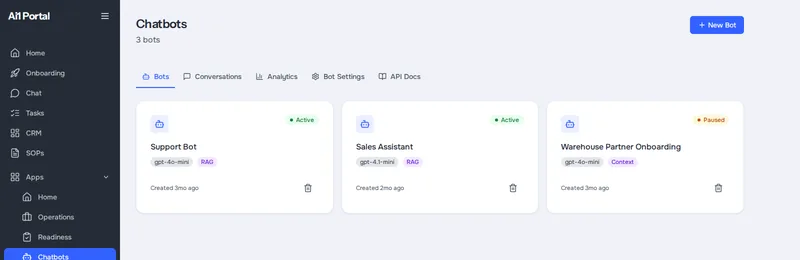 The chatbot builder for a demo company, listing three bots, each marked active or paused (demo data)