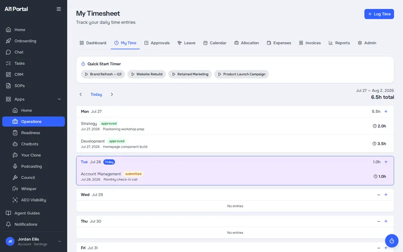 Weekly timesheet for a demo team member, with entries by day, project and service type and their approval status (demo data)