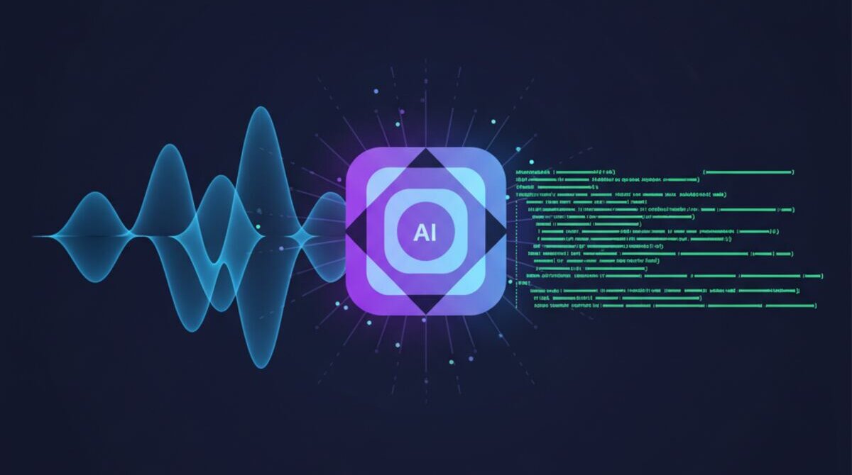Digital illustration of voice-to-code transformation with sound waves passing through an AI translation engine