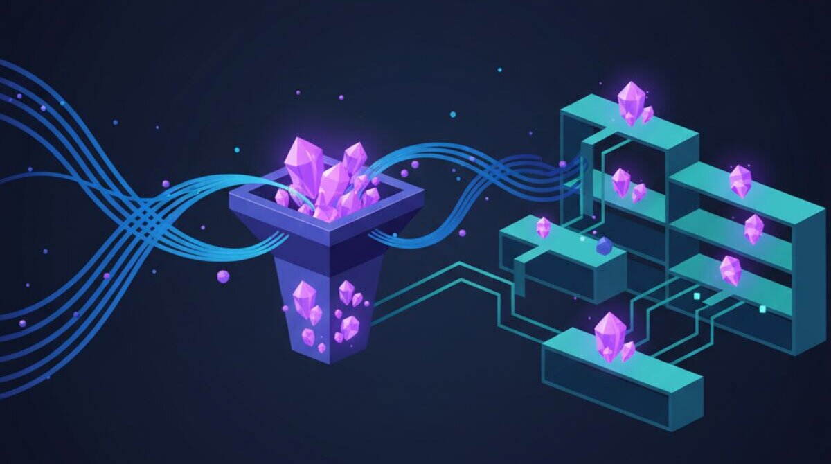 Digital illustration of AI extracting knowledge crystals from flowing conversation streams into a structured library