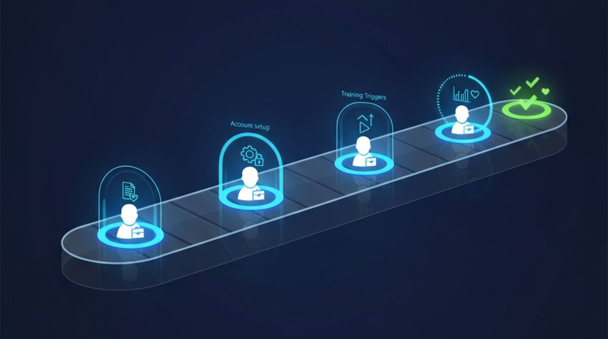 Digital illustration of an automated client onboarding pipeline with checkpoints for document collection, setup, and training