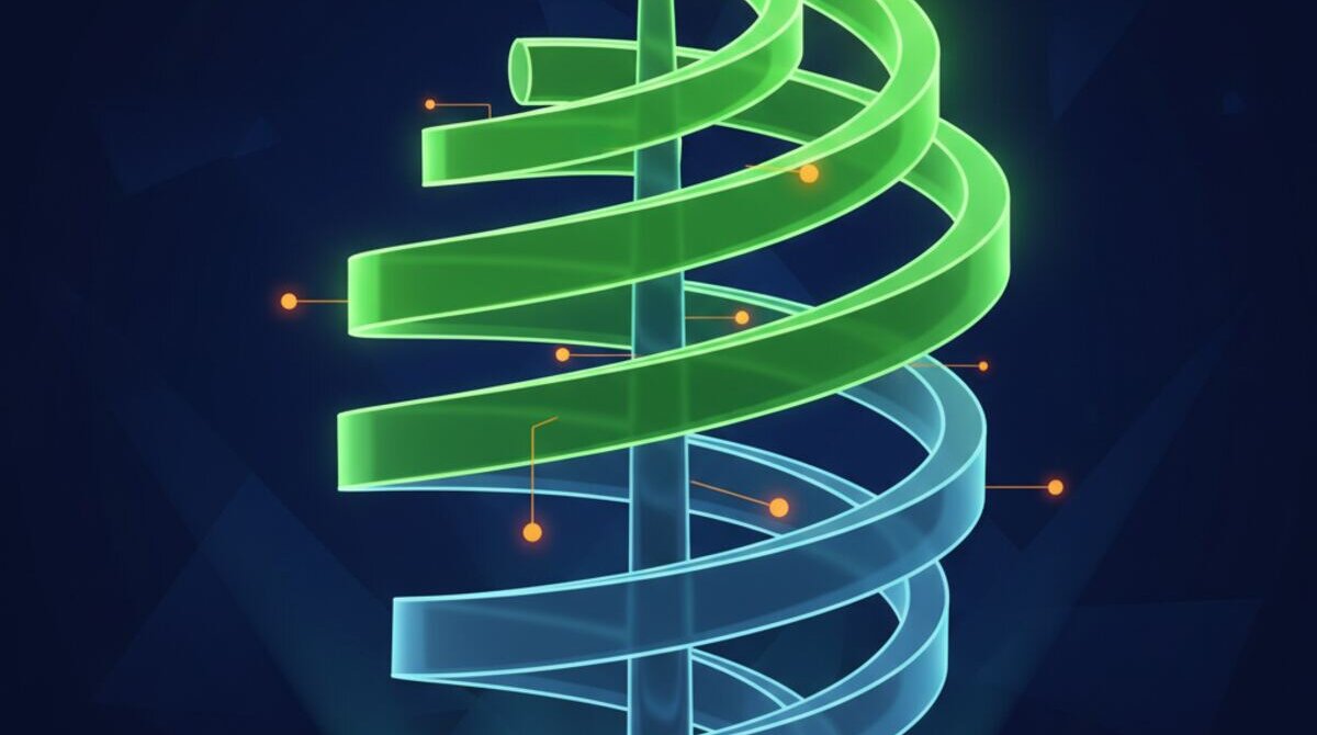 Digital illustration of compounding client retention shown as a growing upward spiral with green growth energy