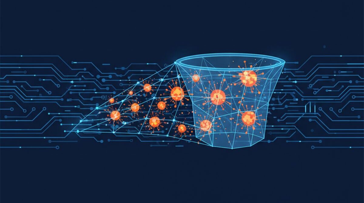 Digital illustration of AI catching financial anomalies as glowing orange nodes pulled from a blue data stream