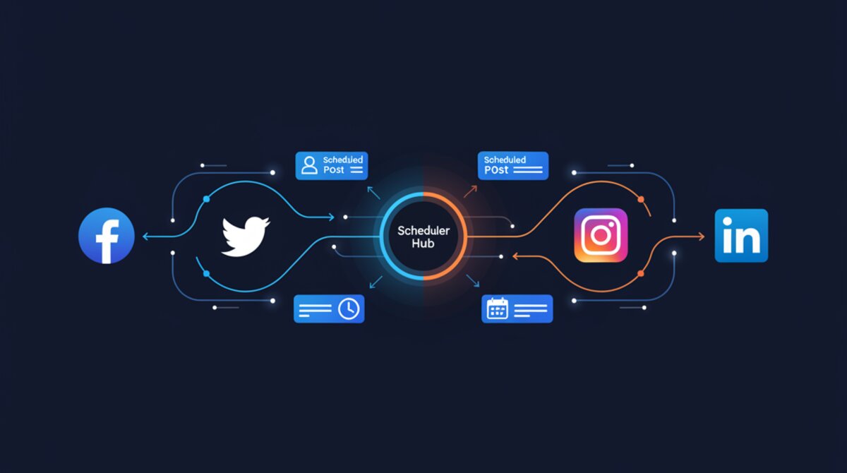Social media platform logos including Facebook, Instagram, TikTok, YouTube, Twitter and LinkedIn on blue background