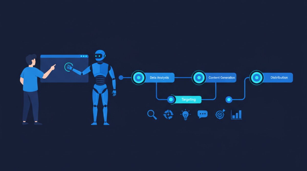 Human hand collaborating with AI automation workflow diagram on blue background showing process optimization