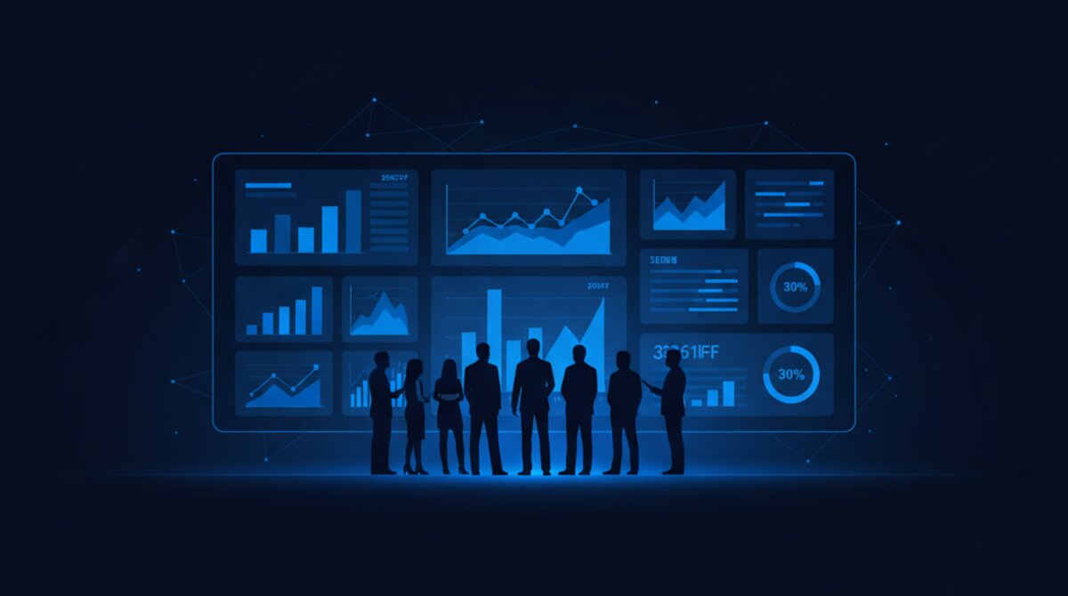 Business team analyzing KPI metrics and performance data on a dashboard
