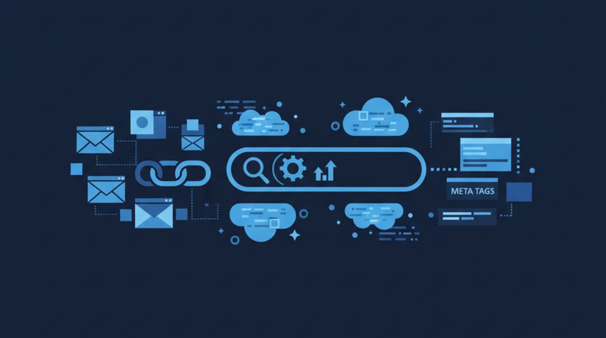 SEO optimization symbols and search engine icons in blue and yellow
