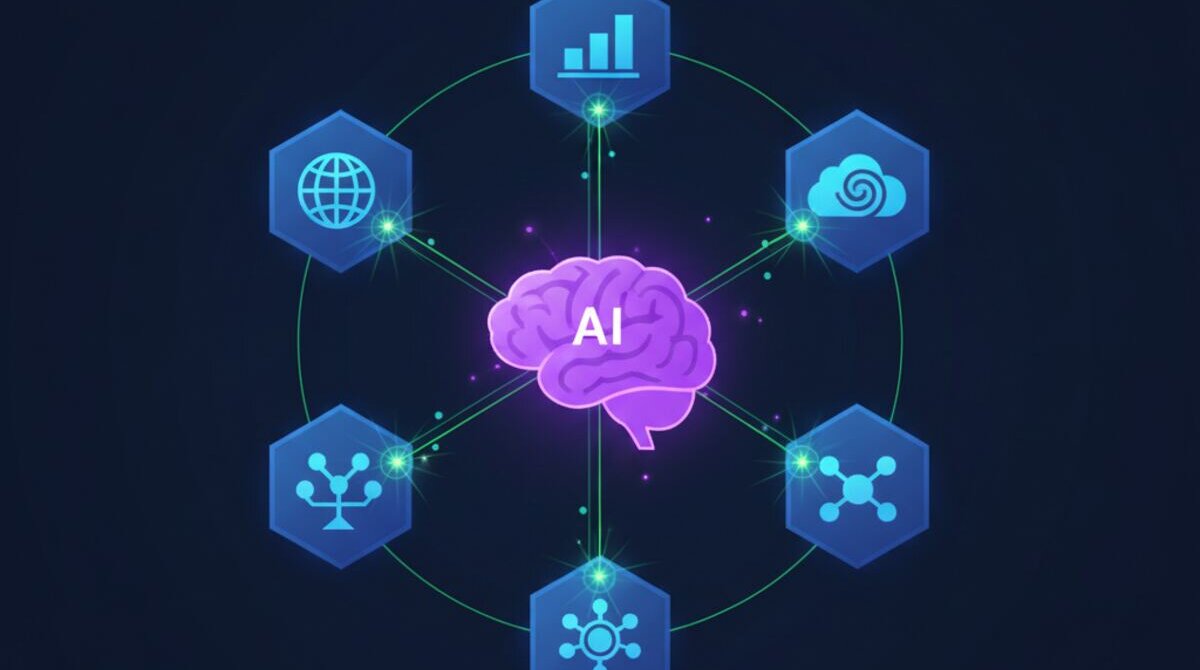 Digital illustration of AI cross-referencing multiple data sources with connection lines forming insight stars