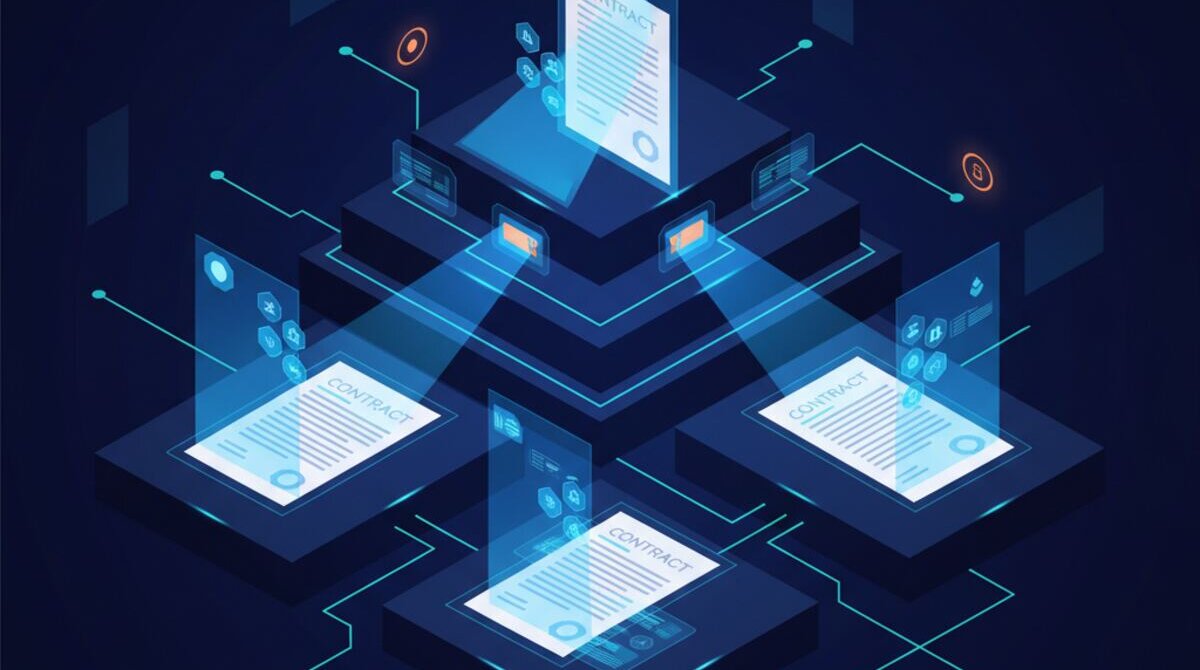 Digital illustration of AI organizing vendor contracts with scanning beams sorting and tagging documents