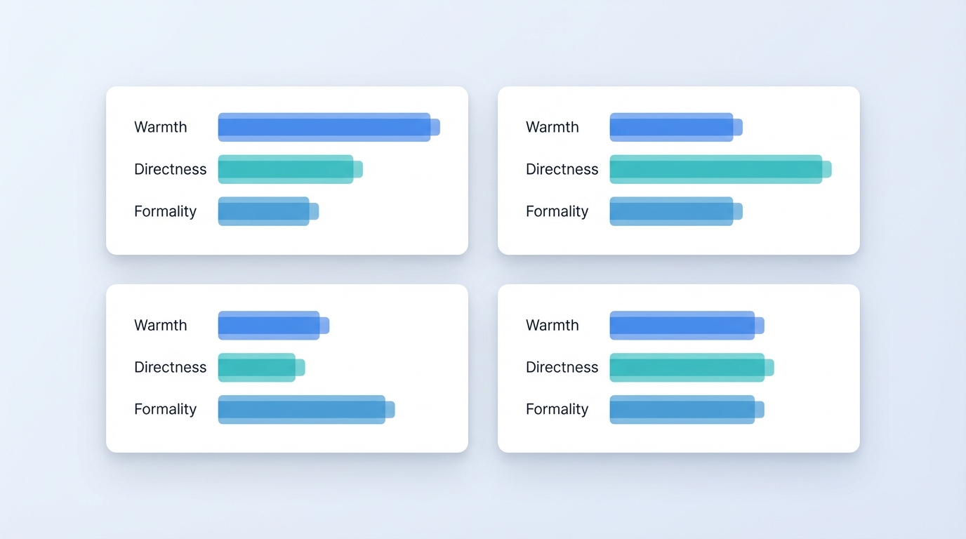 Multiple AI voice profiles showing different team members each with unique writing style signatures and personality dimensions
