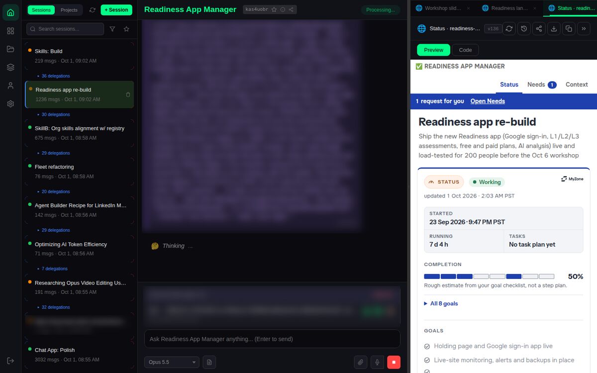 The MyZone portal chat app with agent sessions on the left, a working agent in the middle and its live status card on the right