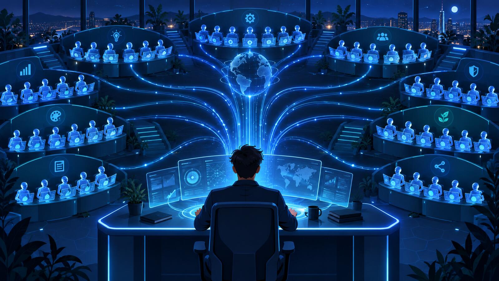 One person at a desk directing tiers of AI agents working through the night