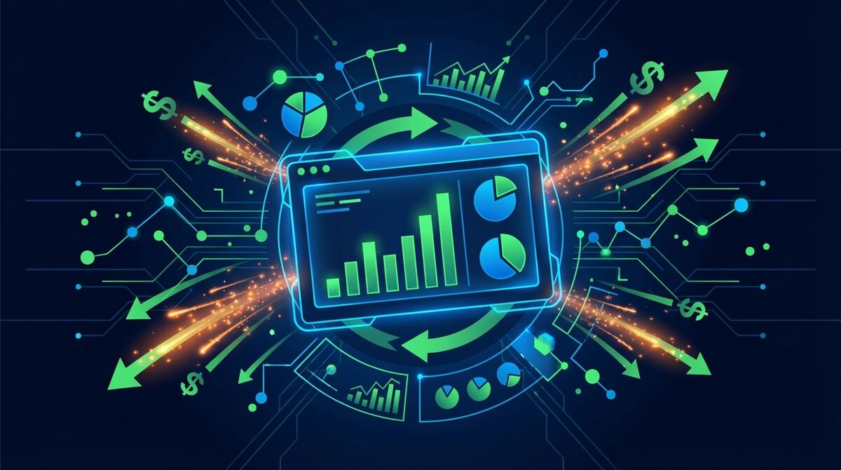 Digital illustration showing ROI dashboard with ascending charts, automation rates, and productivity metrics radiating outward