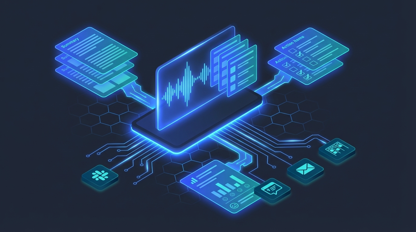 AI-powered call transcript analysis with data flowing from conversation waveforms into structured summaries and action items