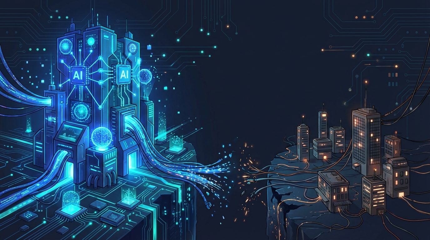 Digital divide visualization showing the gap between enterprise AI access and small business capabilities