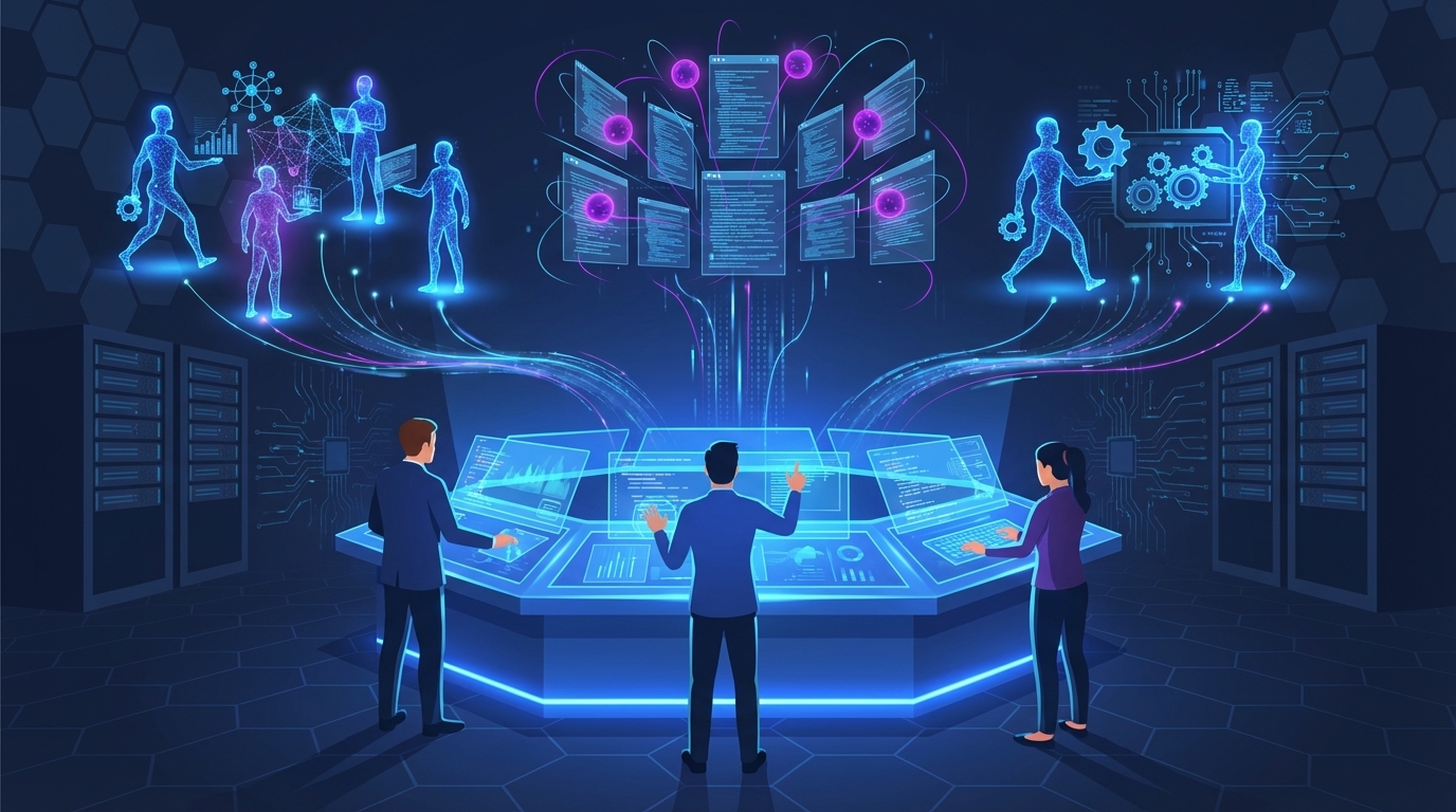 Multi-agent orchestration team directing AI workflows in a modern office environment