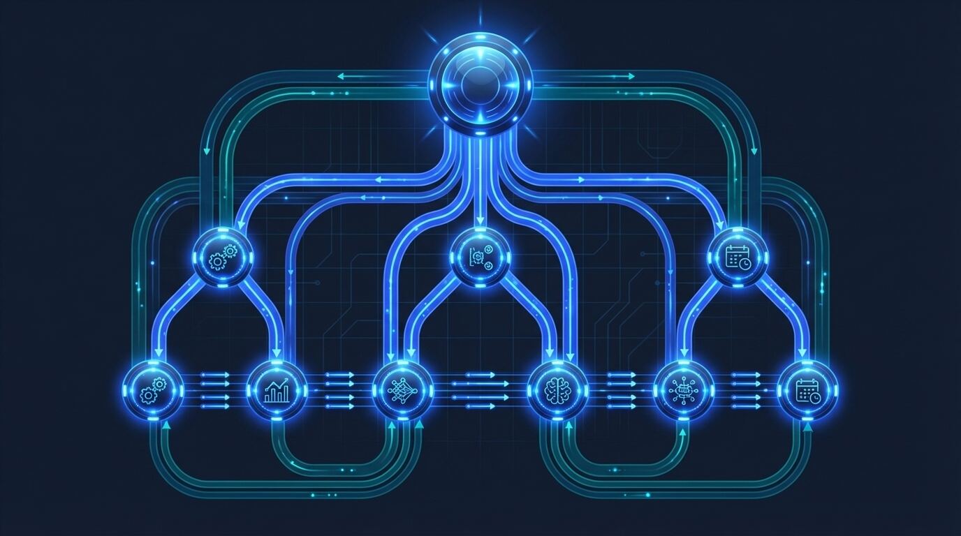 AI agent delegation hierarchy with master orchestrator branching to specialized agent nodes