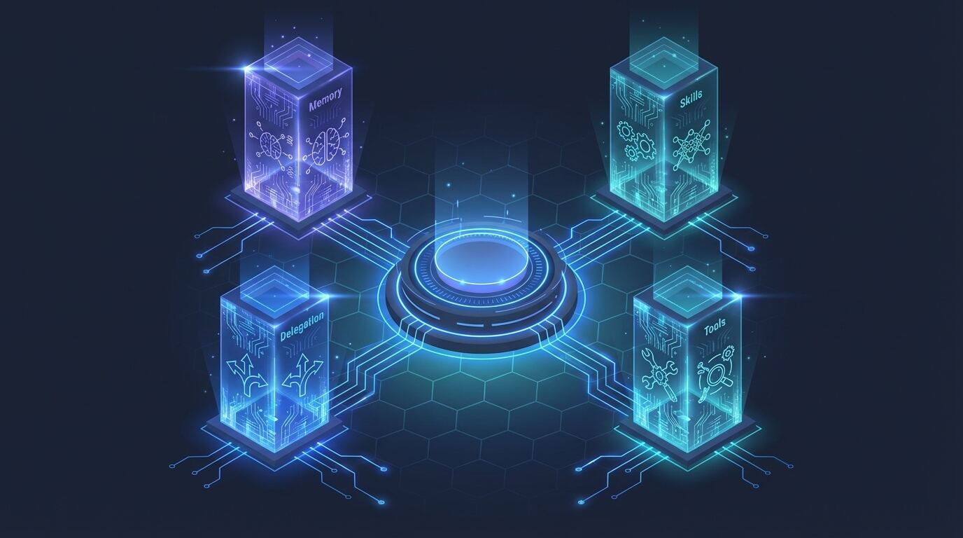 AI platform architecture with four connected pillars for memory, skills, delegation, and tools