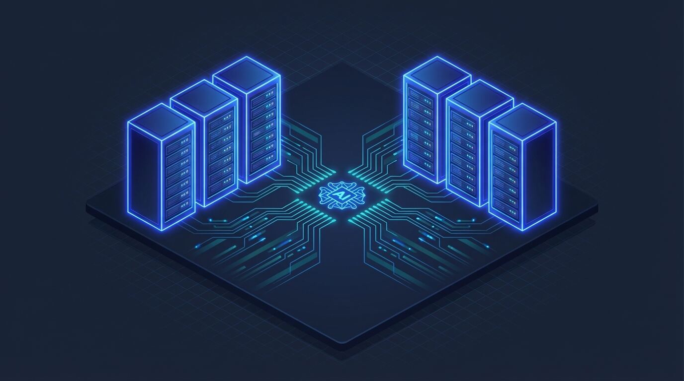 Isometric server infrastructure with glowing circuit pathways showing computational scaling