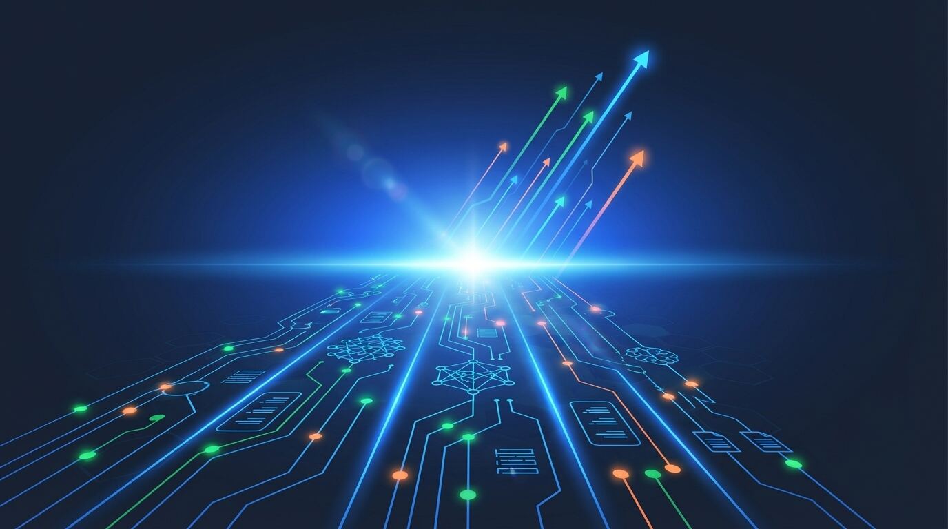 Digital horizon with interconnected automation systems converging toward exponential future growth