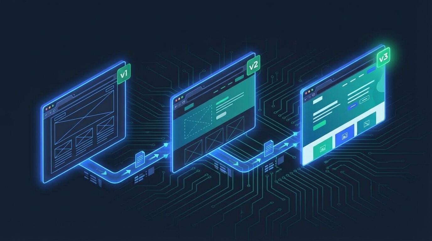 Three website browser windows showing rapid version iteration and deployment