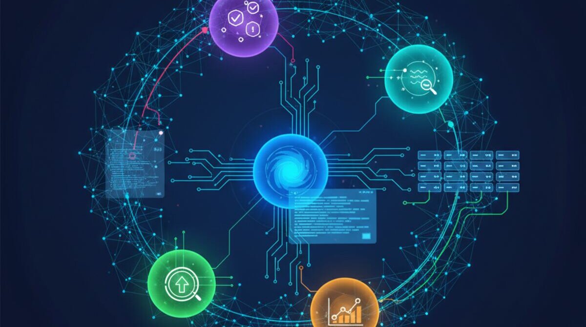 Digital illustration of multiple specialized AI agents collaborating on software development through a coordination mesh