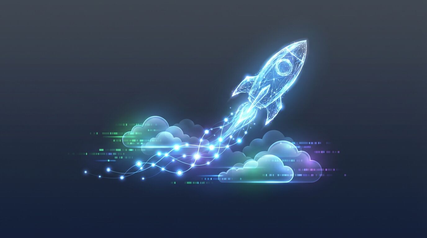 Rocket launching into space representing AI-powered business growth