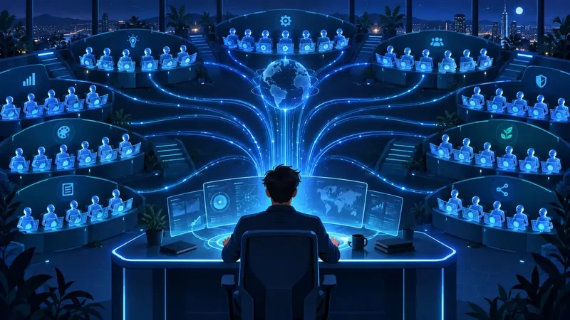 Illustration of a person coordinating multiple connected teams at computer screens