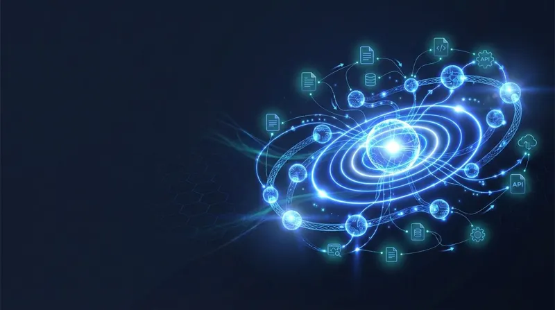 Glowing orbital rings connecting a network of icons