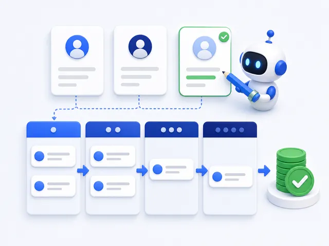 A sales pipeline: contact cards above, deals moving through the stages to won, and an agent updating a contact