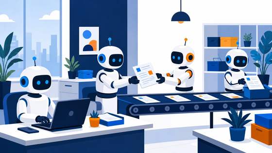 An illustrated office where small robot agents work side by side