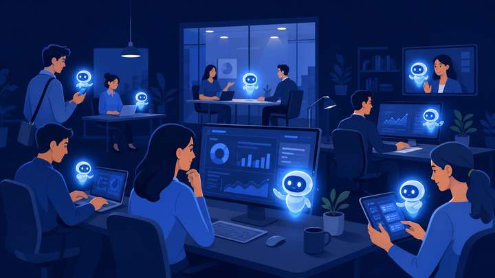 An office where every person works alongside small AI agent helpers