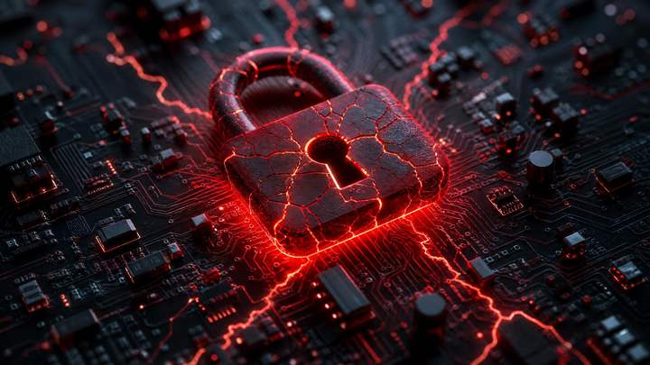 A cracked padlock glowing red on a circuit board