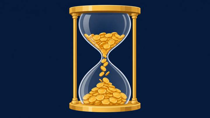 An hourglass running with gold coins
